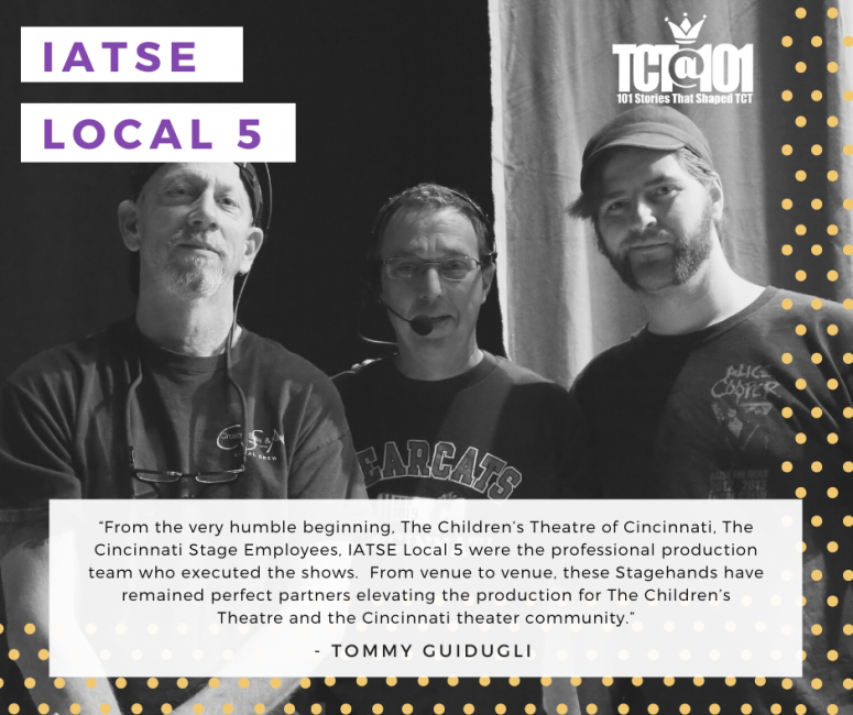 Photo of 3 crew members backstage with testimony quote