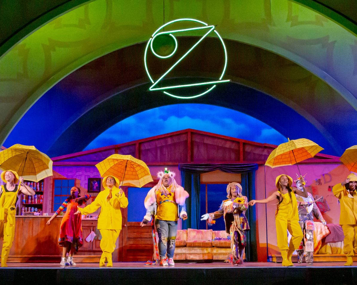 green set with actors in yellow rain suits