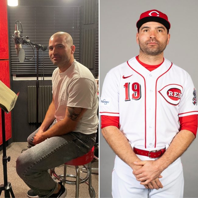 Photo collage with Joey Votto recording in front of microphone and him in Reds baseball uniform