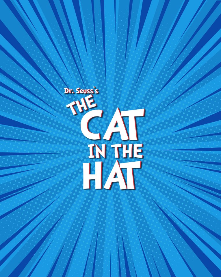 blue superhero background with The Cat in the Hat text overlay